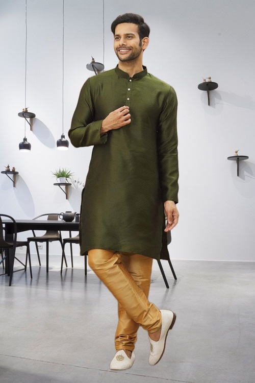 MEN'S GREEN WOVEN KURTA PAJAMA