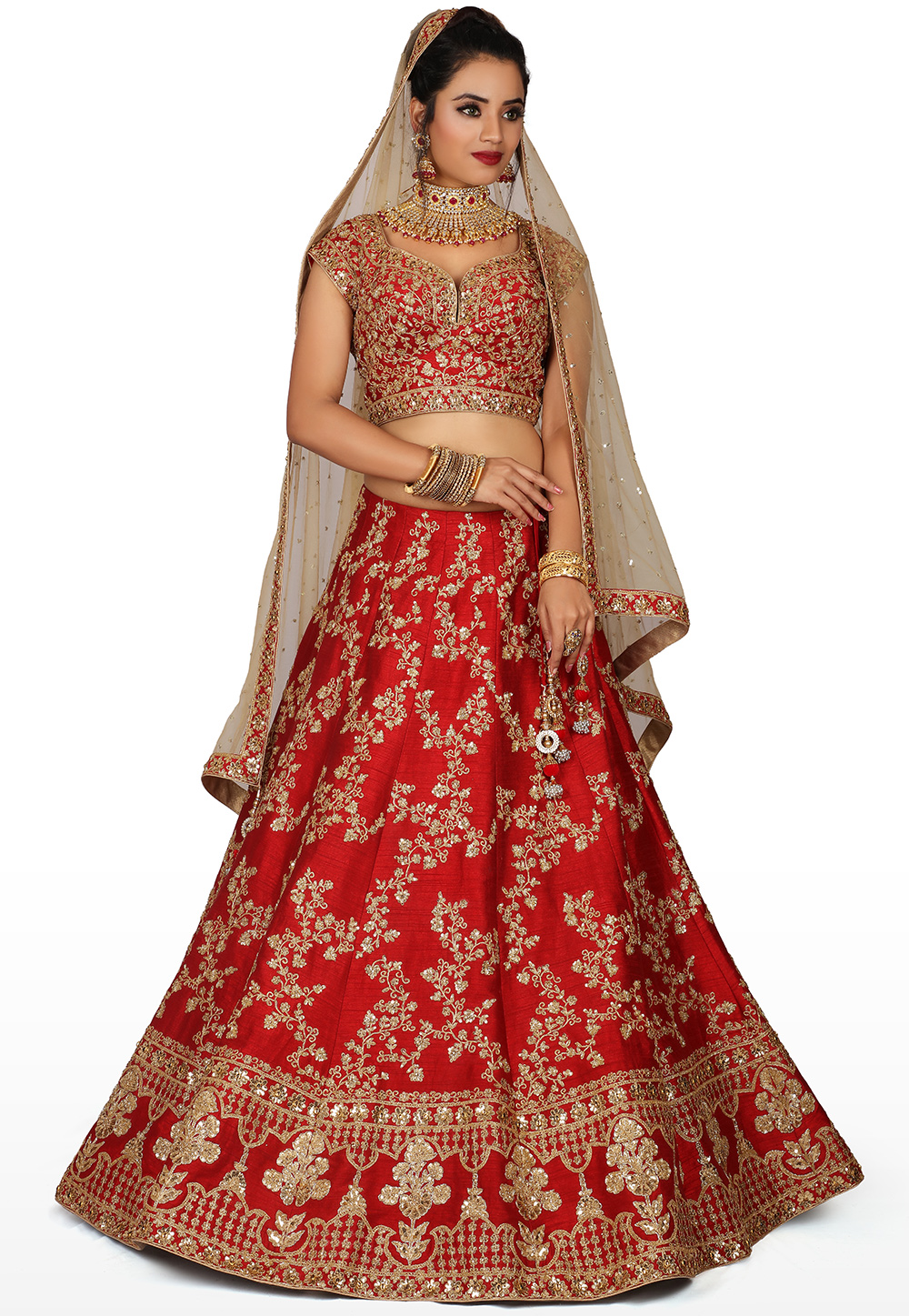 Pure Silk Hand Embroidered Lehenga in Maroon