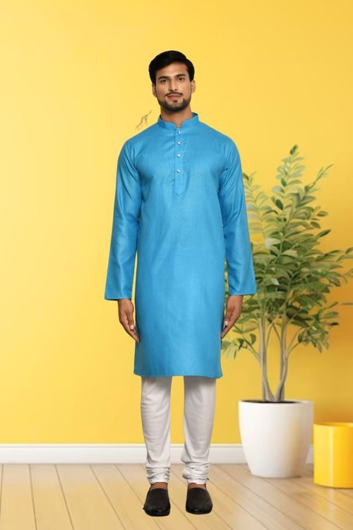 Sky Blue Cotton Plain Full Sleeve Kurta And Churidar Set For Men