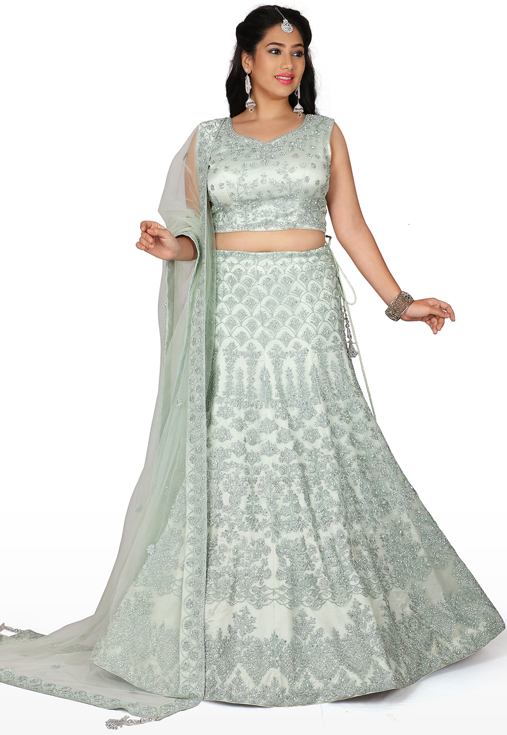 Hand Embroidered Net Lehenga in Grey