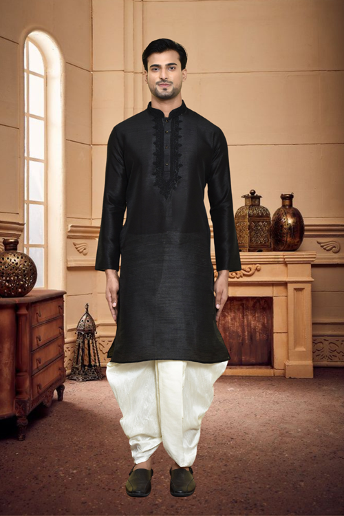 Men's Black Art Silk Dhoti Kurta