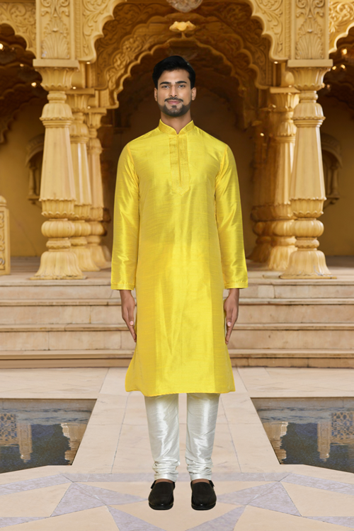 Men's Yellow Woven Kurta Churidar