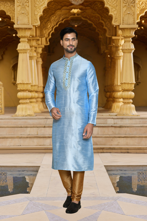 Men's Blue Embroidered Kurta Churidar