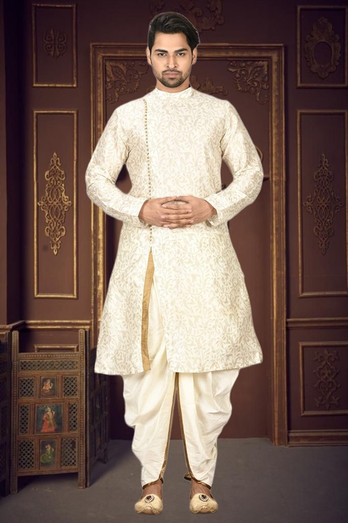 MEN'S CREAM WOVEN DHOTI KURTA