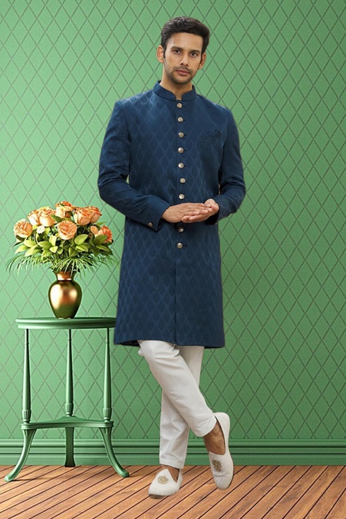 MEN'S TURQUOISE WOVEN SHERWANI