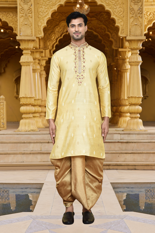 Men's Wear Fawn Art Silk Dhoti Kurta