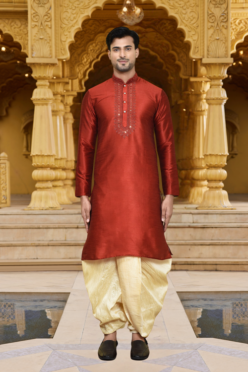 Men's Wear Maroon Art Silk Dhoti Kurta