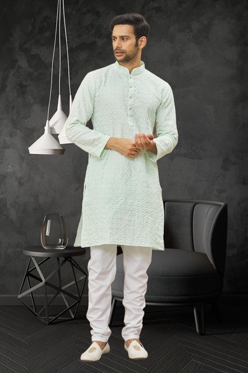 MEN'S LIGHT GREEN EMBROIDERED KURTA PAJAMA