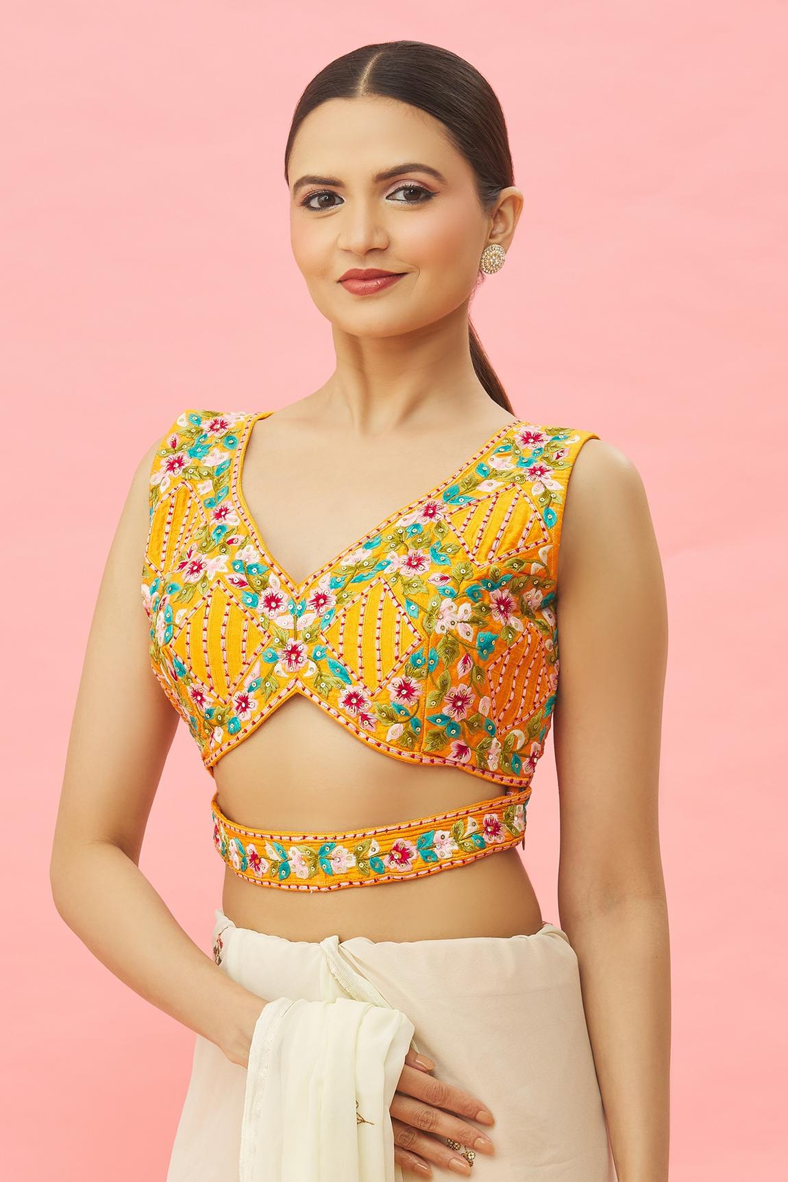 Embroidered Yellow Blouse in Art Silk