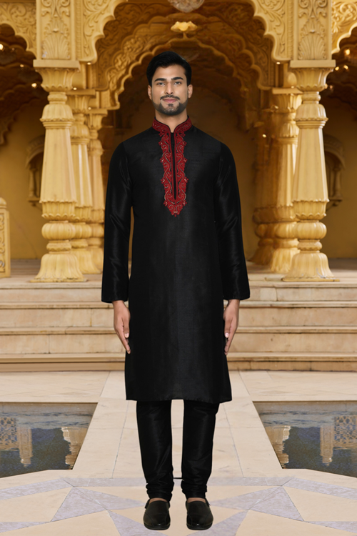 Men's Black Embroidered Kurta Churidar