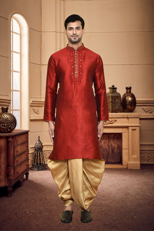 Men's Maroon Art Silk Dhoti Kurta