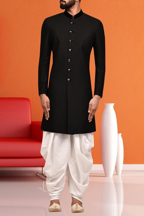 Men's Black Plain Sherwani with Dhoti Set