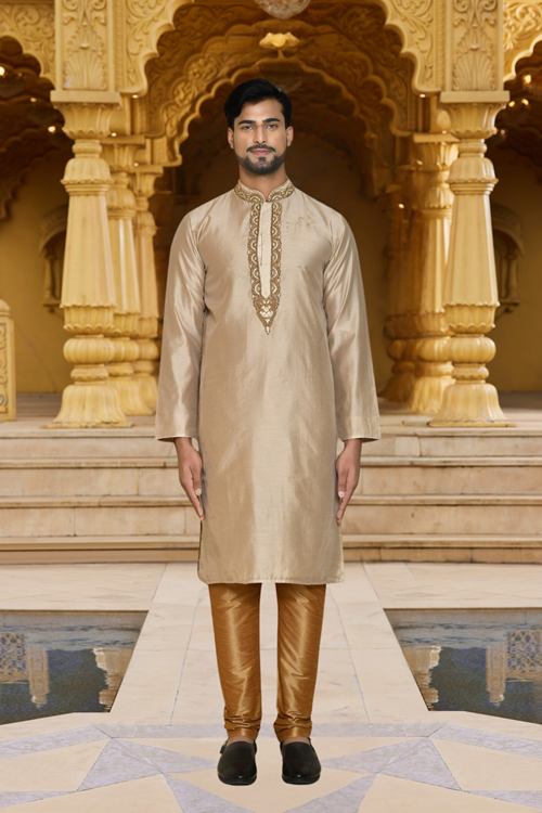 Men's Beige Embroidered Kurta Churidar