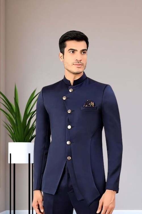 Navy Blue Rayon Terry Rayon Jodhpuri Suit