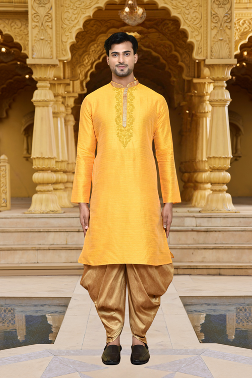 Men's Yellow Art Silk Dhoti Kurta