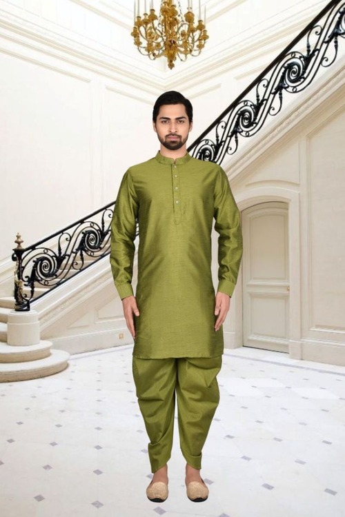 Olive Green Plain Dupion Silk Full Sleeve Kurta And Dhoti Set For Men