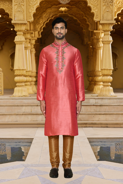 Men's Pink Embroidered Kurta Churidar