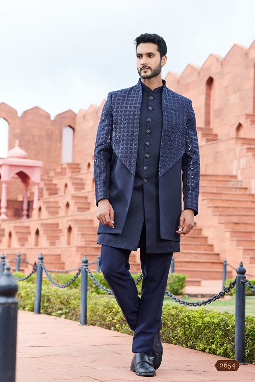 Stylish Men's Navy Blue Computer Thread Work Art Silk Sherwani Set