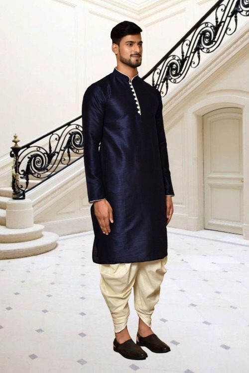 Navy Blue Dupion Silk Plain Full Sleeve Kurta And Dhoti Set For Men