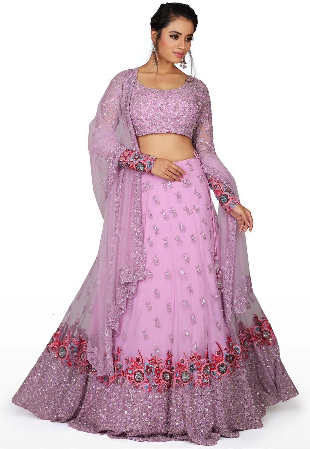 Light Purple Hand Embroidered Net Lehenga