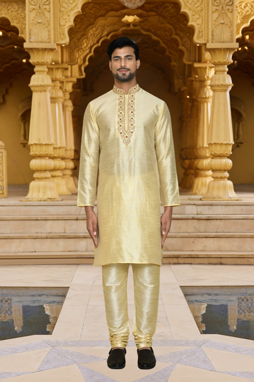 Men's Yellow Embroidered Kurta Churidar