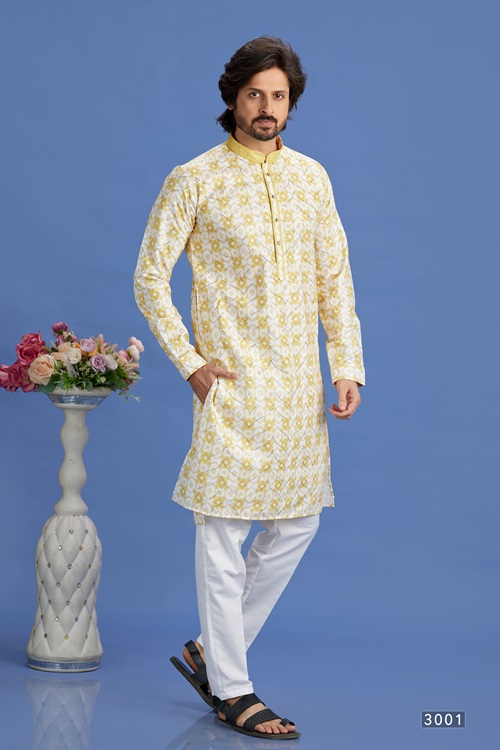 Men's Yellow Pintux Straight Kurta