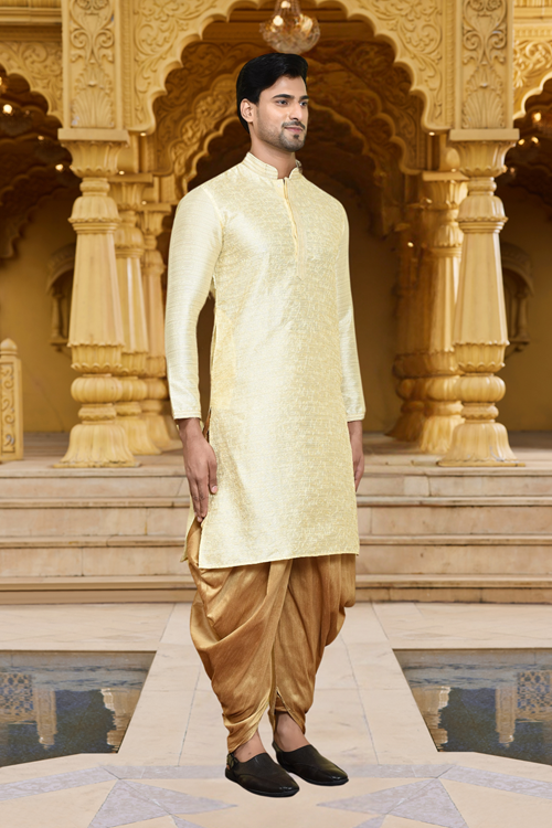 Men's Wear Fawn Art Silk Dhoti Kurta