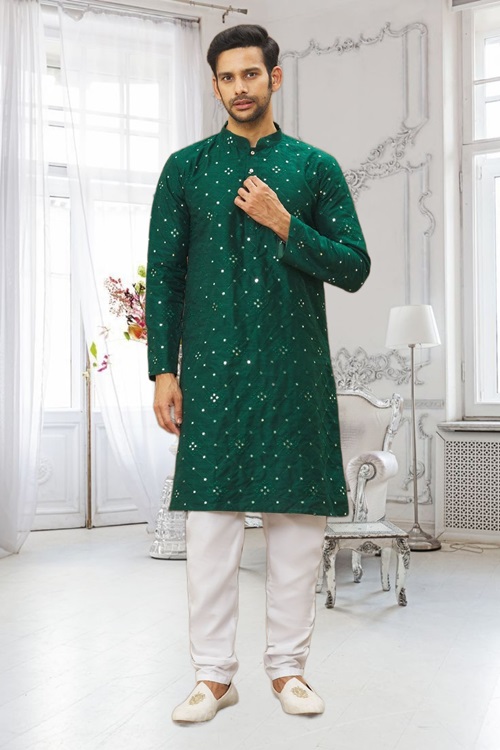 MEN'S GREEN EMBROIDERED KURTA PAJAMA