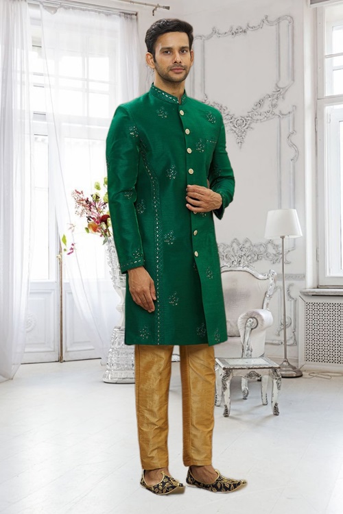 MEN'S GREEN EMBROIDERED SHERWANI