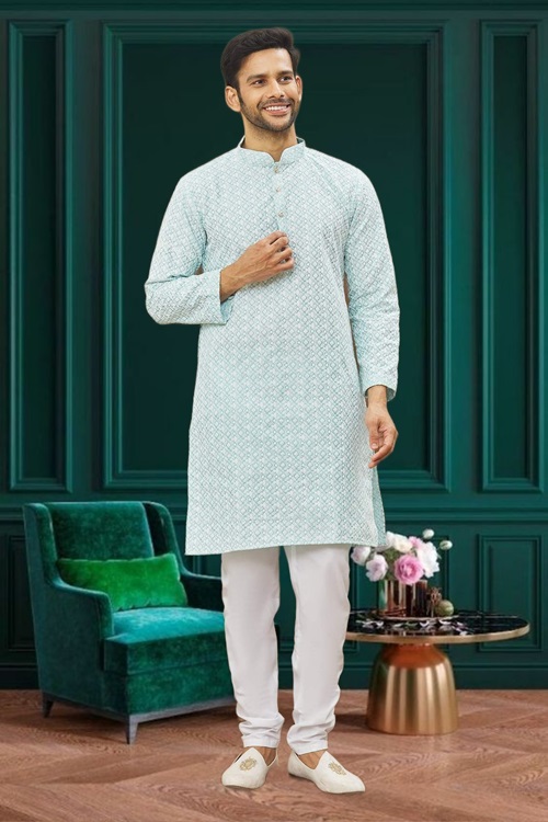 MEN'S LIGHT BLUE EMBROIDERED KURTA PAJAMA