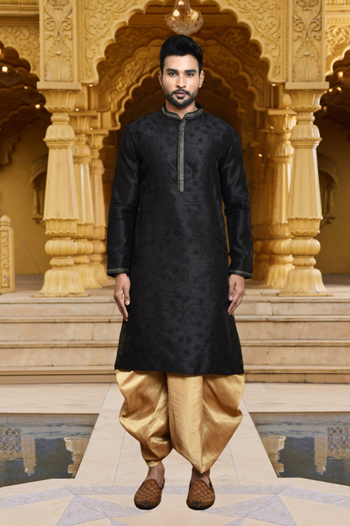 Men's Wear Black Art Silk Dhoti Kurta