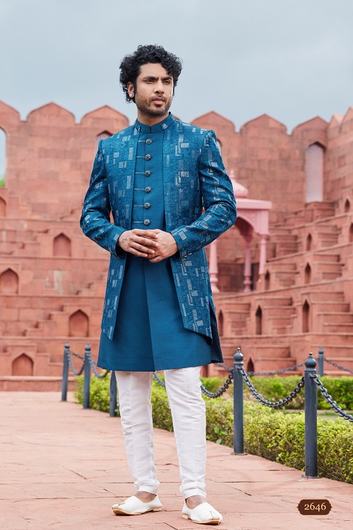 Majestic Men's Blue Computer Thread Work Art Silk Sherwani Set