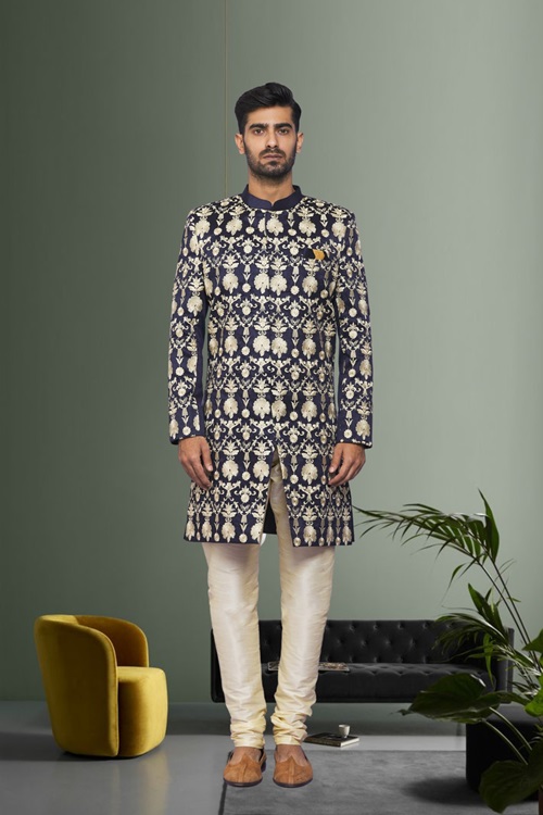 Men's Blue Embroidered Sherwani