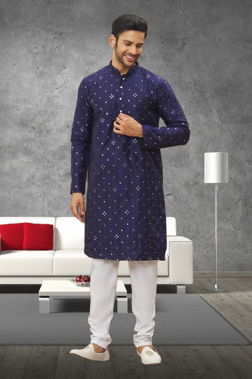 MEN'S BLUE EMBROIDERED KURTA PAJAMA