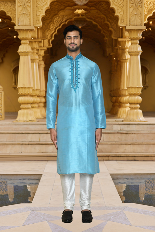 Men's Blue Embroidered Kurta Churidar