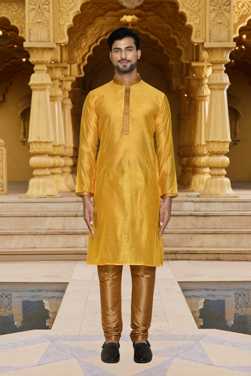 Men's Yellow Embroidered Kurta Churidar