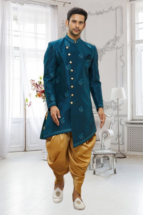 MEN'S TURQUOISE EMBROIDERED INDO WESTERN SHERWANI