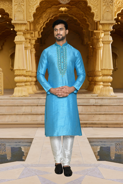 Men's Blue Embroidered Kurta Churidar