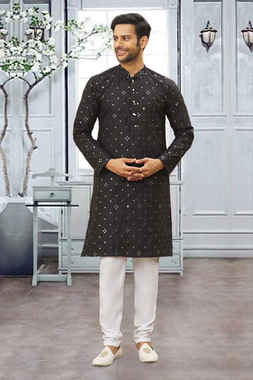 MEN'S BLACK EMBROIDERED KURTA PAJAMA