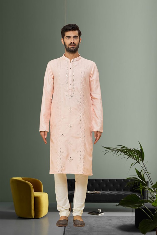 Men's Peach Embroidered Kurta Pajama