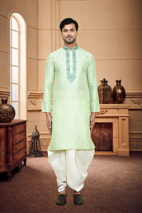 Men's Pista Green Art Silk Dhoti Kurta