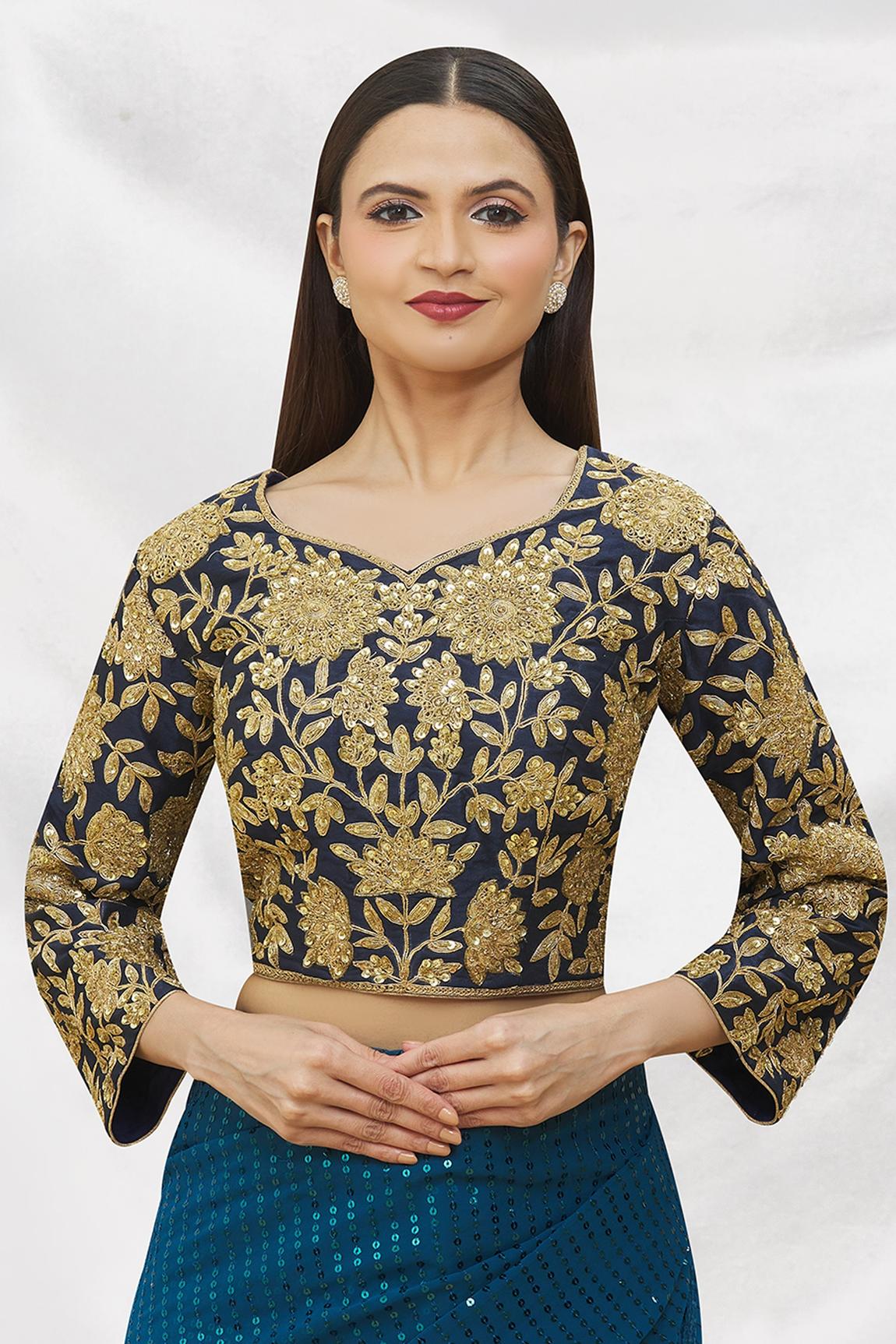 Navy Blue Art Silk Blouse With Embroidery For Women's