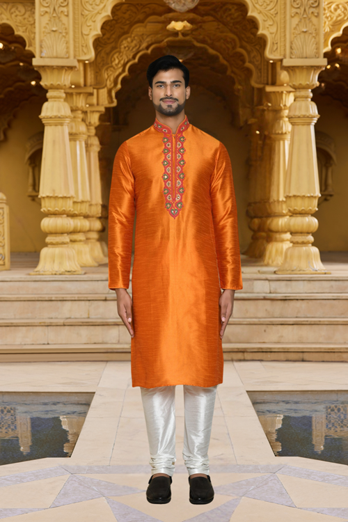 Men's Orange Embroidered Kurta Churidar