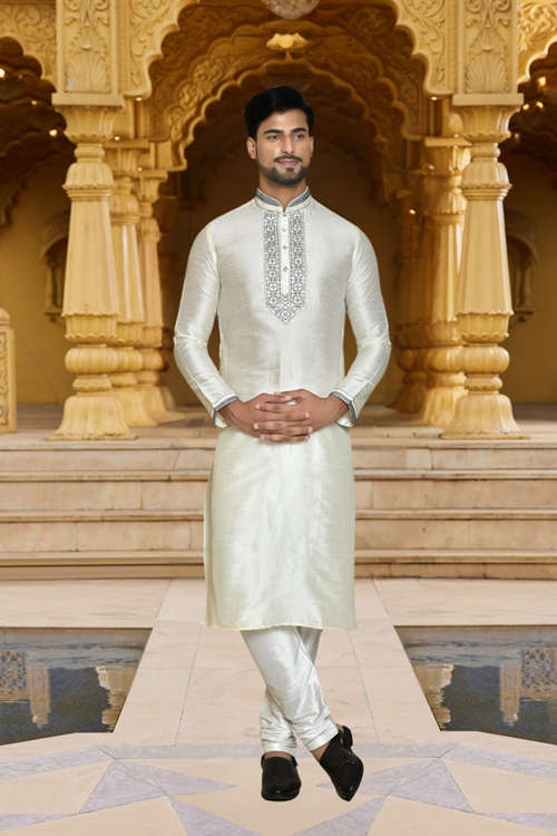 Men's White Embroidered Kurta Churidar