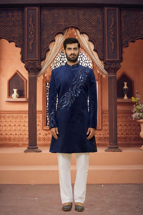 Men's Blue Embroidered Sherwani