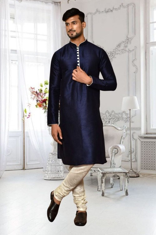 Navy Blue Dupion Silk Plain Full Sleeve Kurta And Churidar Set For Men