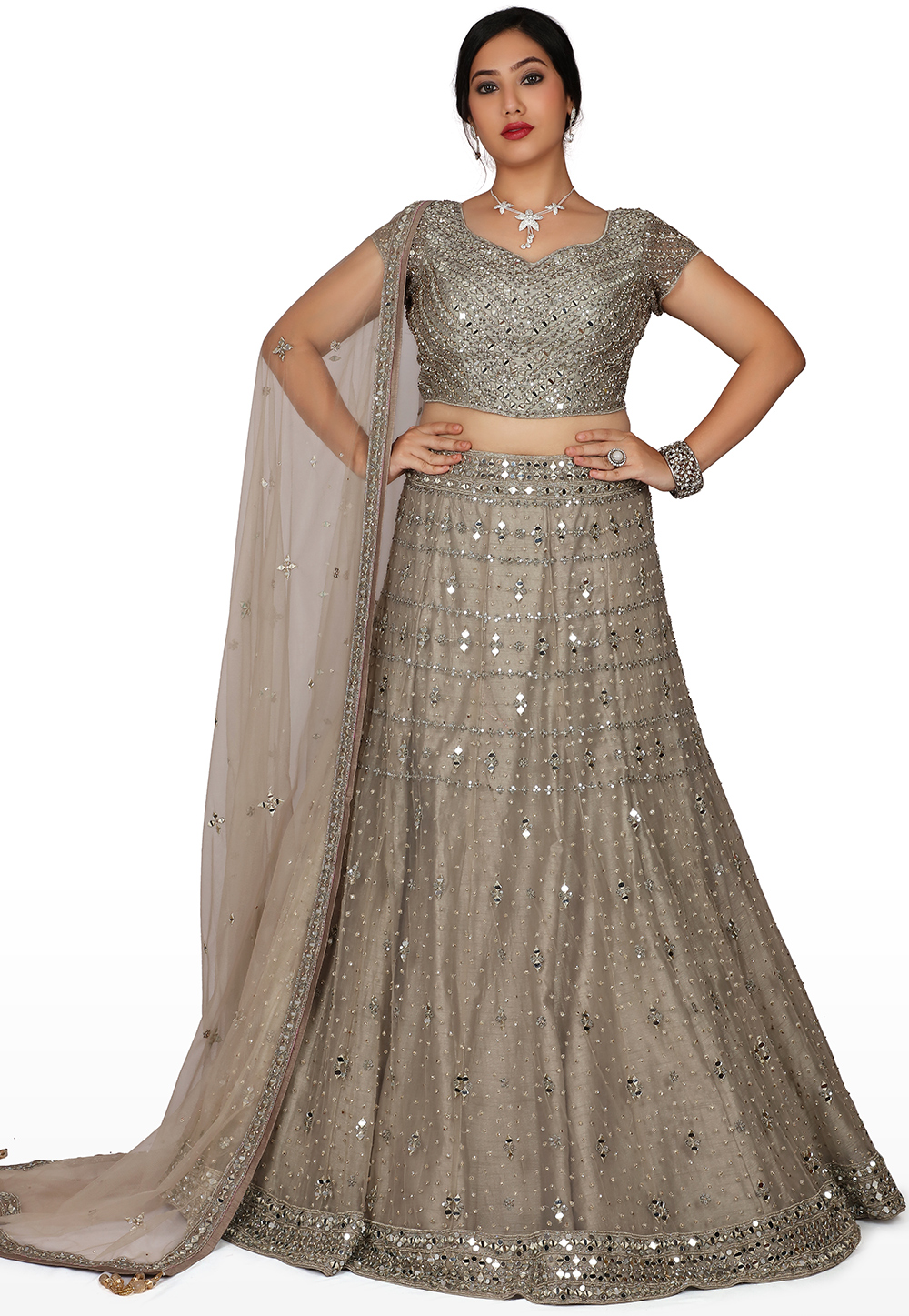 Hand Embroidered Net Lehenga in Grey