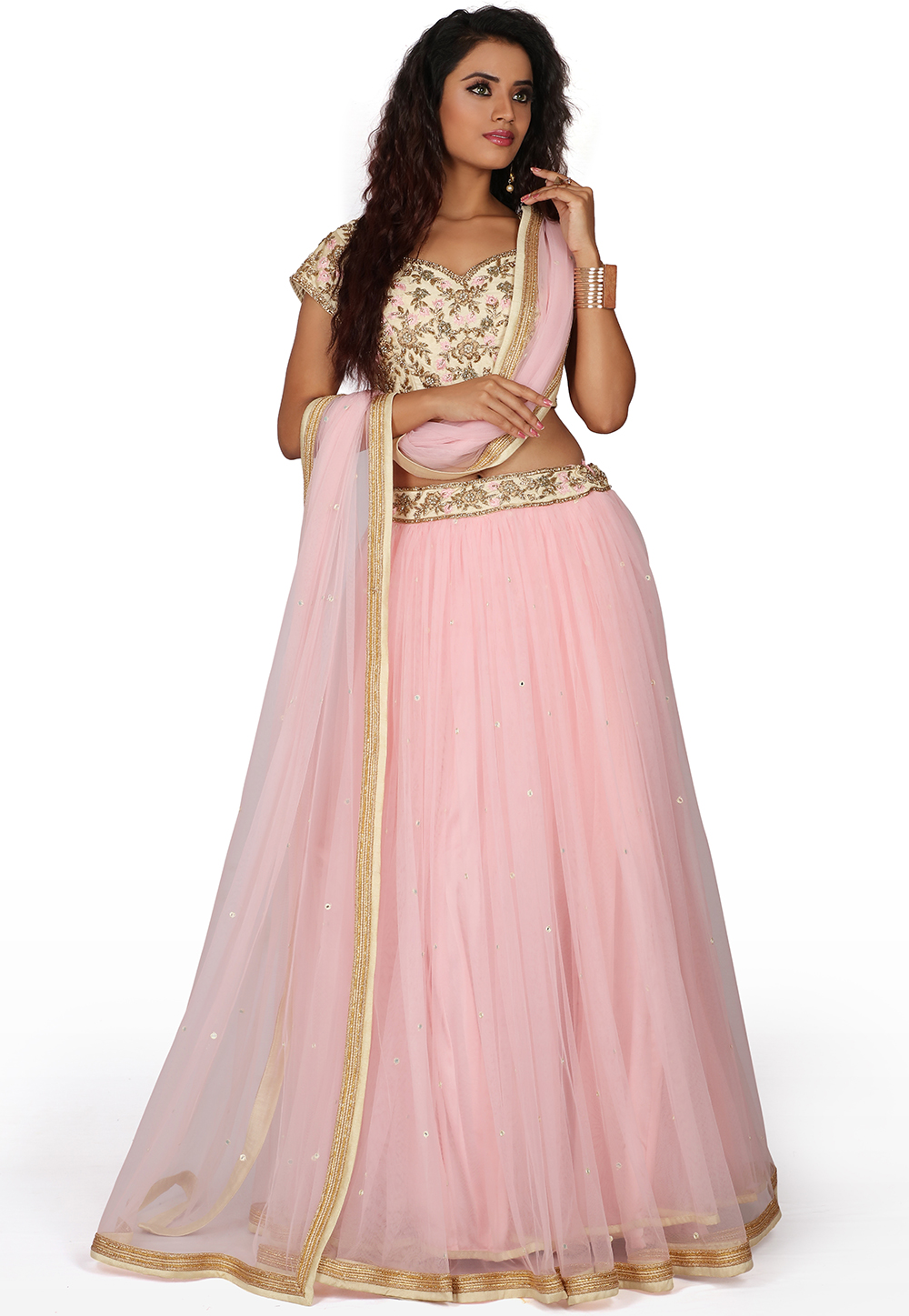 Net Lehenga in Light Pink Hand Embroidered