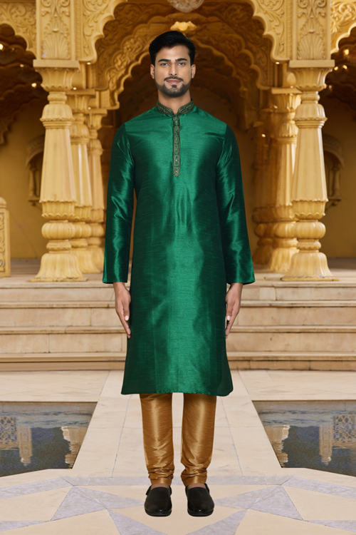 Men's Green Embroidered Kurta Churidar