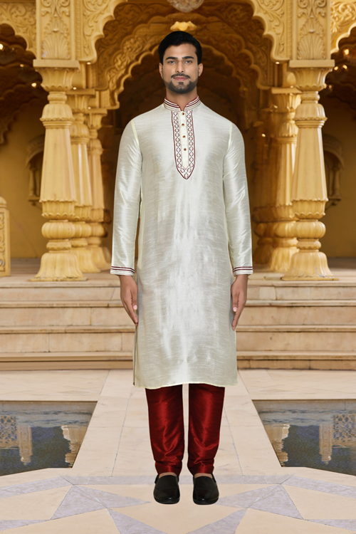 Men's White Embroidered Kurta Churidar